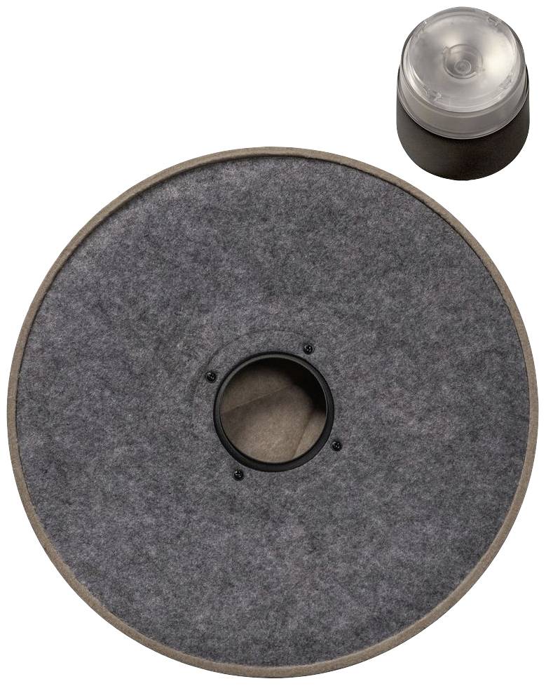 Okrągły szary dyfuzor filcowy z centralnym otworem oraz przezroczysta osłona obok niego, prawdopodobnie elementy wyposażenia dodatkowego do oświetlenia.