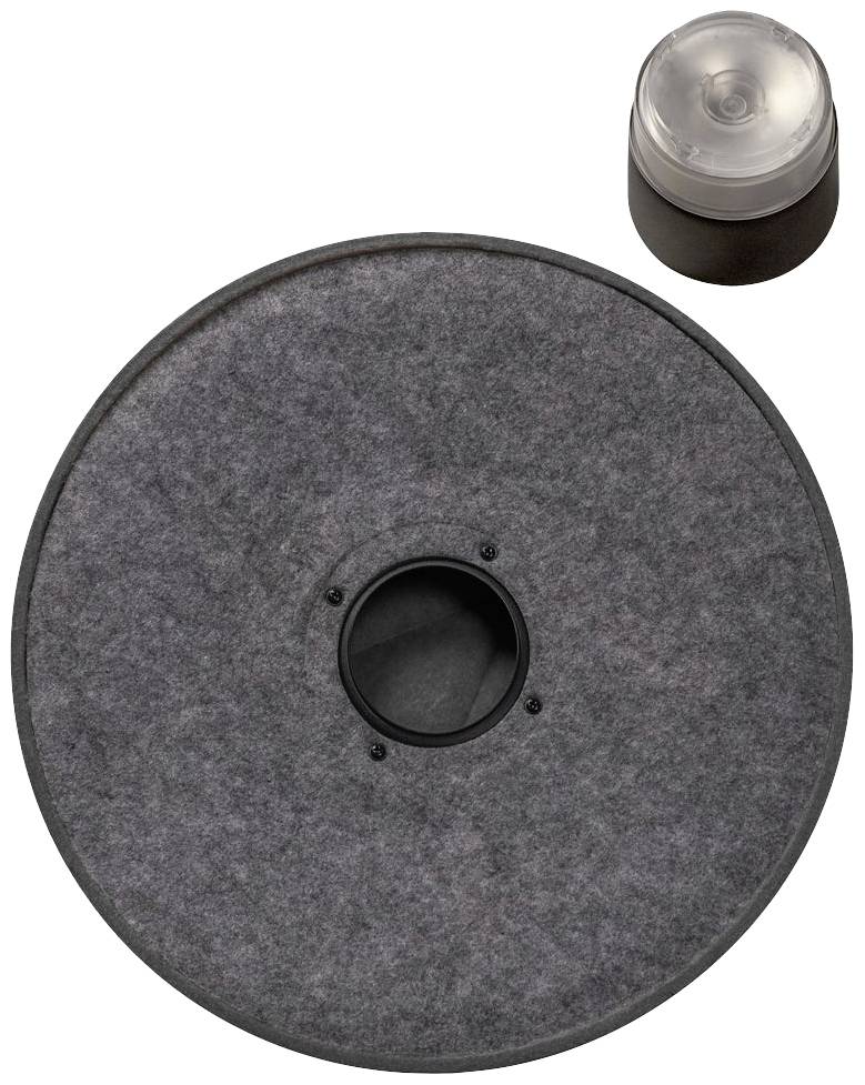 Okrągły, szary obiekt wyściełany z centralnym otworem oraz przezroczystą nakładką pokrywy obok, na białym tle.