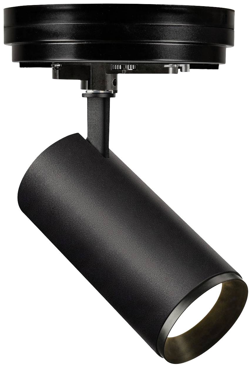 Czarny plafon sufitowy z cylindryczną, regulowaną obudową lampy, przeznaczony do precyzyjnego oświetlenia wnętrz.