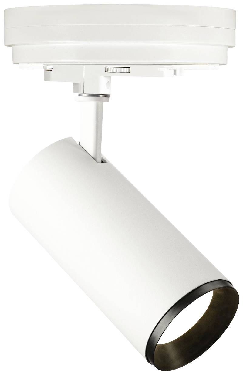 Biały, cylindryczny reflektor szynowy z regulowanym przegubem do montażu sufitowego, przeznaczony do oświetlenia akcentowego.