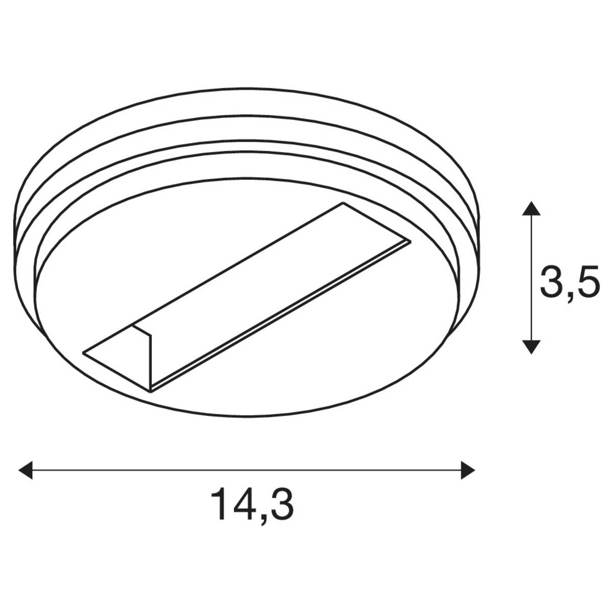 Ilustracja okrągłego obiektu o wymiarach: średnica 14,3 cm, wysokość 3,5 cm. Posiada prostokątny wycięcie.