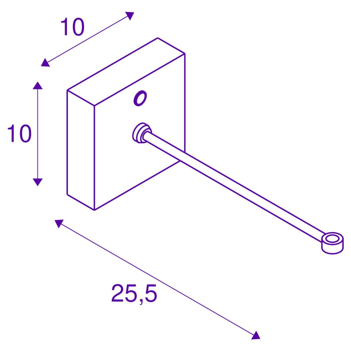 Rysunek izometryczny przedstawia blok o wymiarach 10x10 cm z wystającym prętem o długości 25,5 cm, umieszczonym centralnie z tyłu.