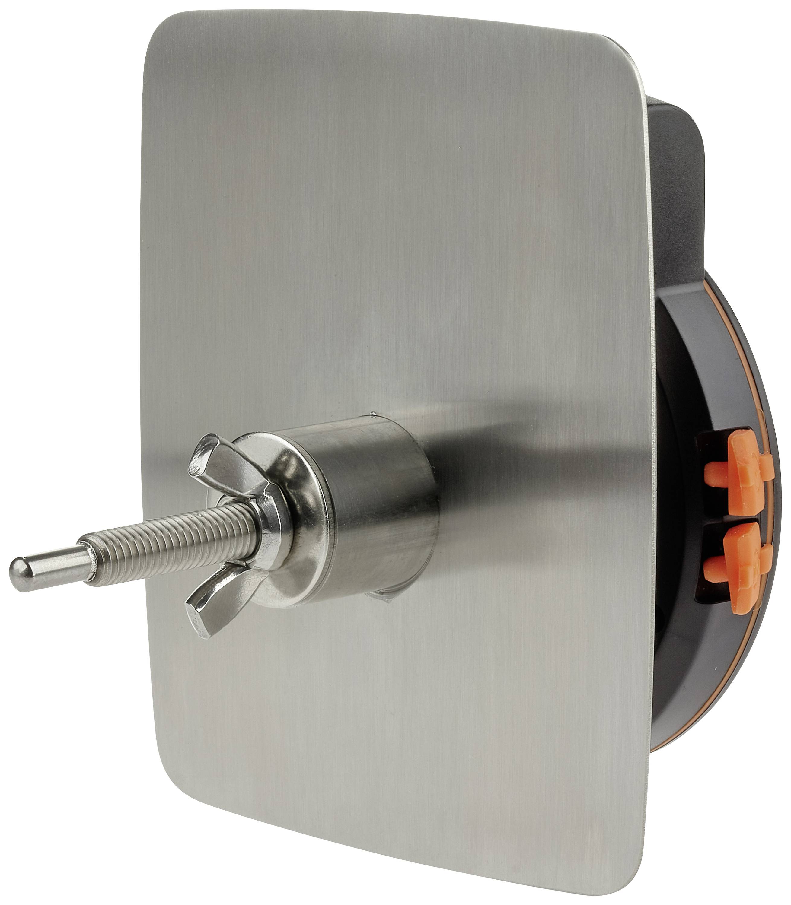 Stalowa komponenta mocująca z widocznymi śrubami i pomarańczowymi elementami mechanicznymi po bokach.