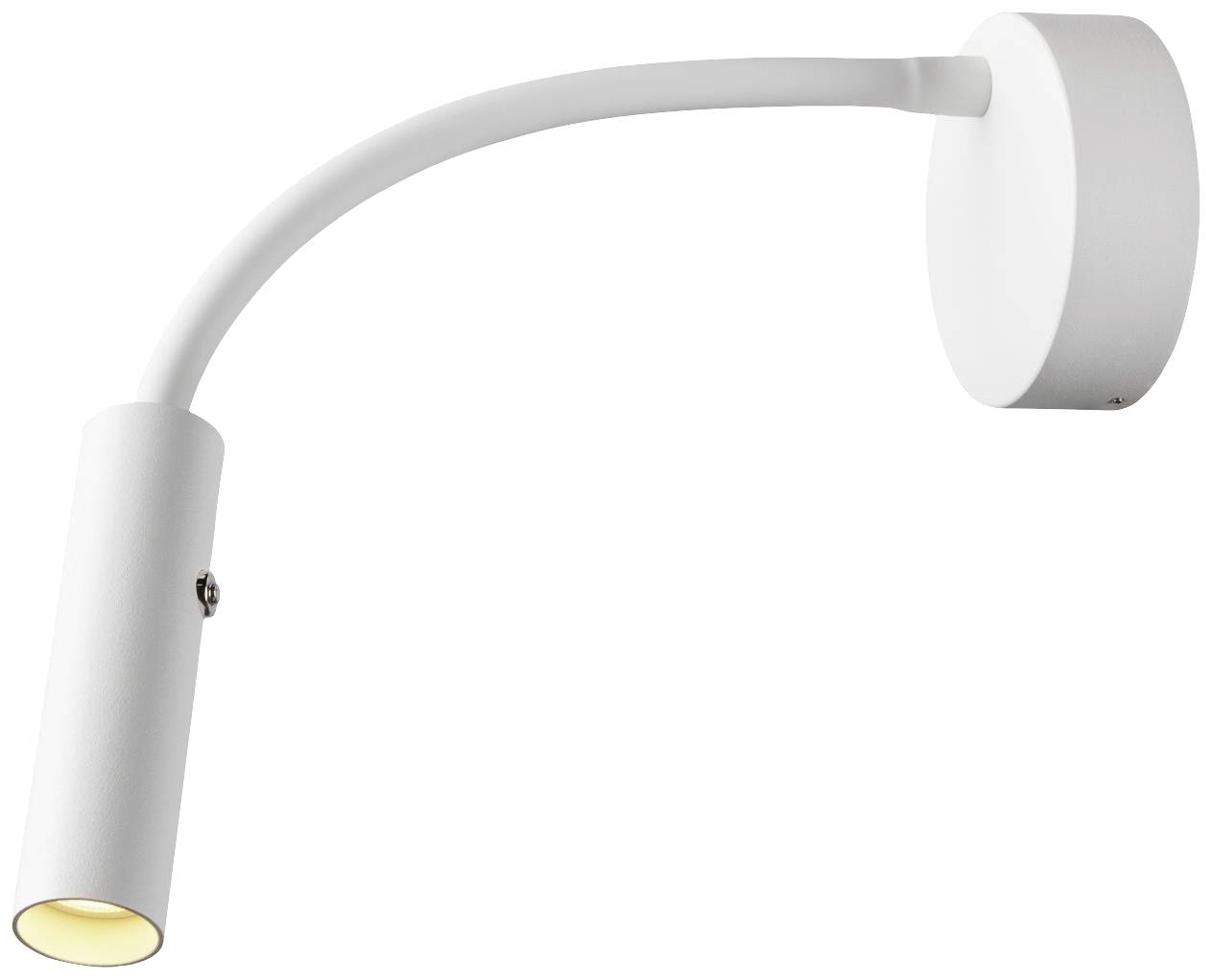 Biała lampa ścienna z wygiętym ramieniem i cylindryczną oprawą, skierowana w dół. Minimalistyczny design do nowoczesnych wnętrz.