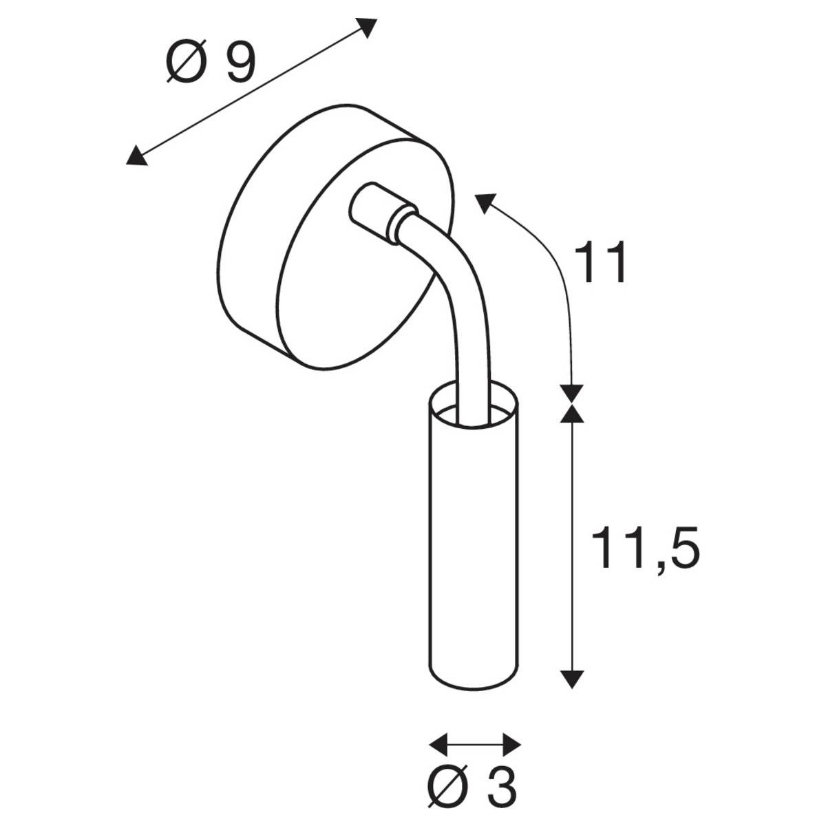 Rysunek techniczny lampy ściennej z cylindrycznym kloszem. Wymiary: Ø 9 cm, wysokość ramienia 11 cm, Ø klosza 3 cm, całkowita długość 11,5 cm.