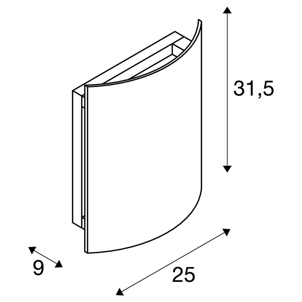 Rysunek techniczny wygiętego prostokąta o wymiarach: wysokość 31,5 cm, szerokość 25 cm, głębokość 9 cm.