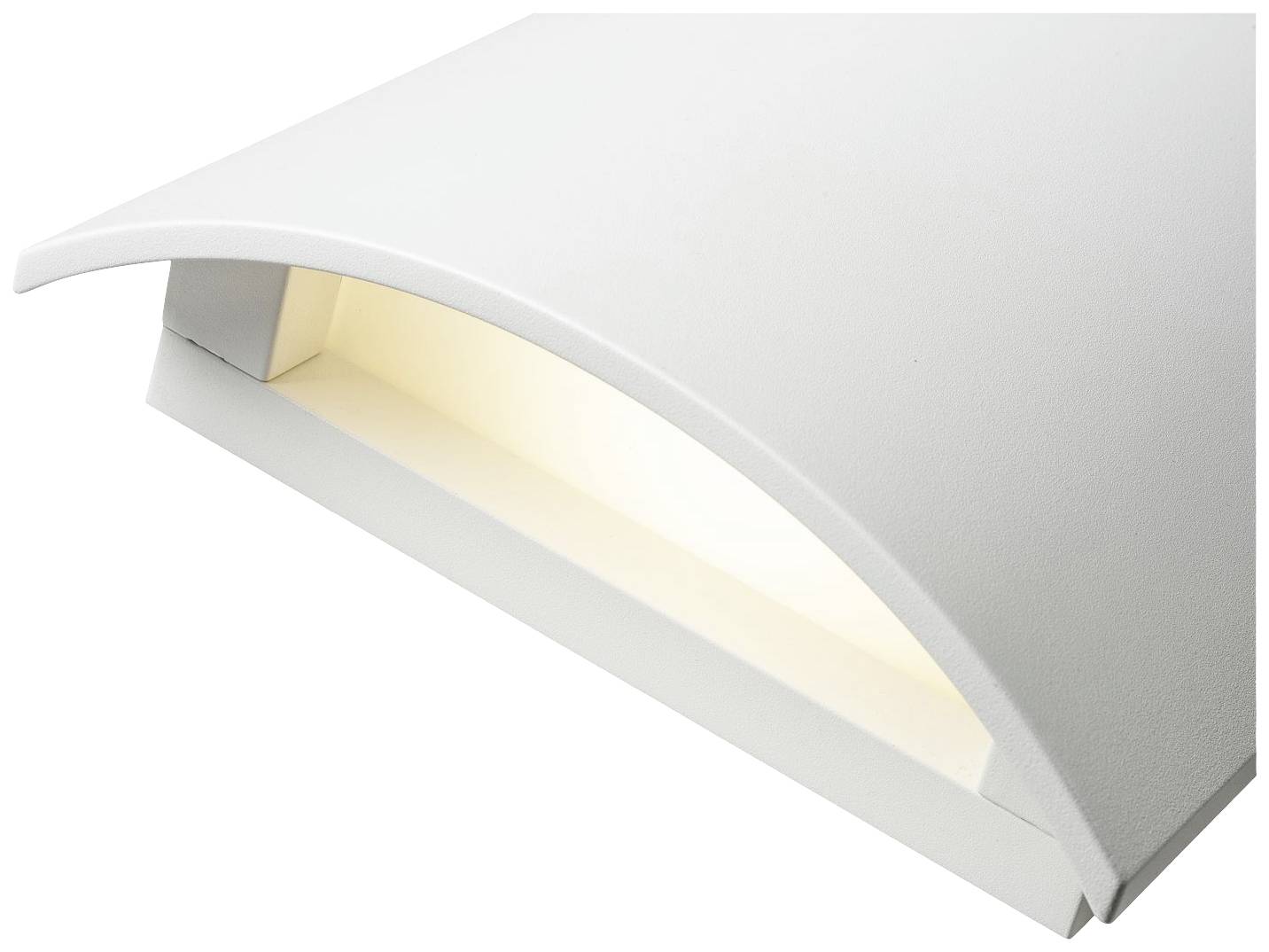 Biała, zakrzywiona lampa ścienna z delikatnym strumieniem światła skierowanym w dół. Nowoczesny, minimalistyczny design do wnętrz.