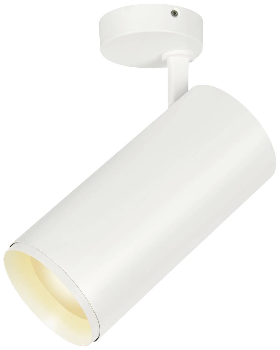 Biała lampa sufitowa z cylindrycznym kloszem skierowanym w dół.