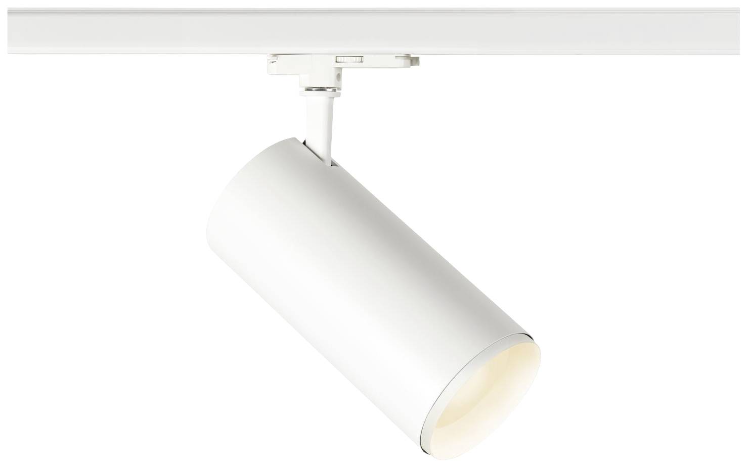 Biała lampa ścienna zamontowana na szynie, skierowana w dół.