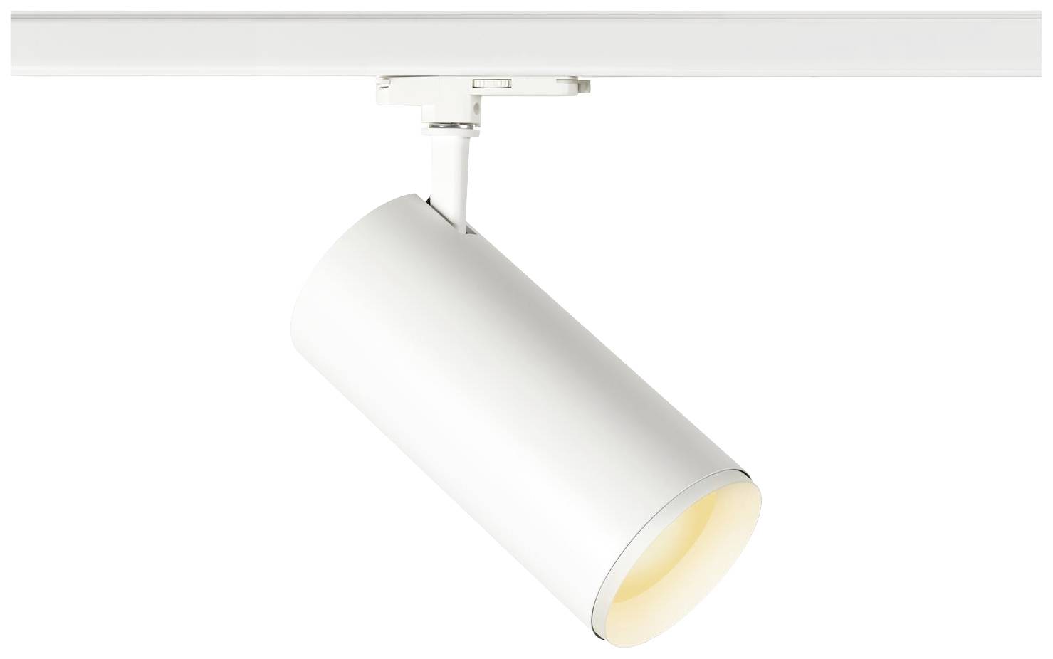 Biała, cylindryczna lampa sufitowa na szynach, emitująca ciepłe światło skierowane w dół.