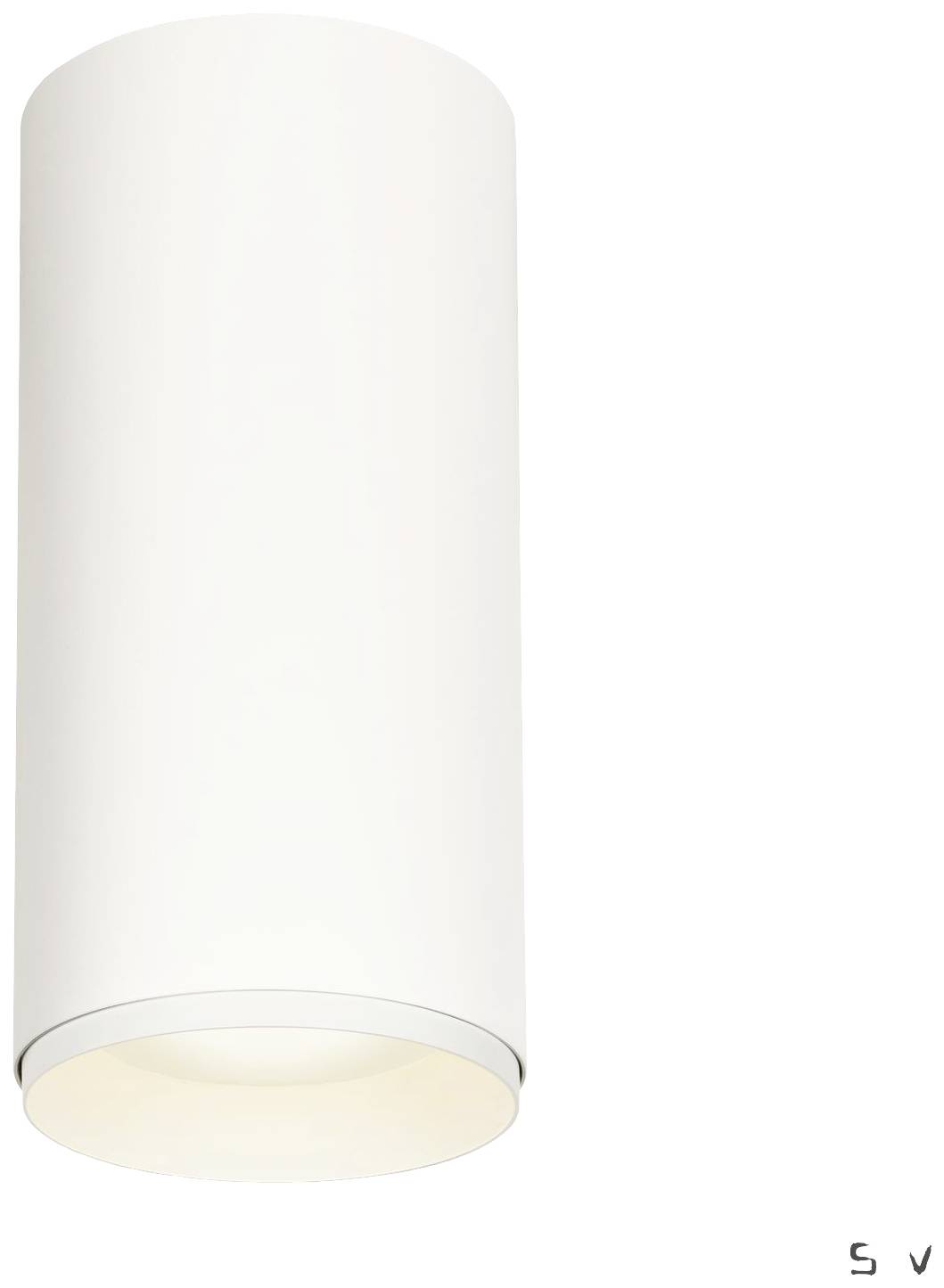 Minimalistyczna, cylindryczna lampa sufitowa z białą powierzchnią, emitująca światło skierowane w dół.