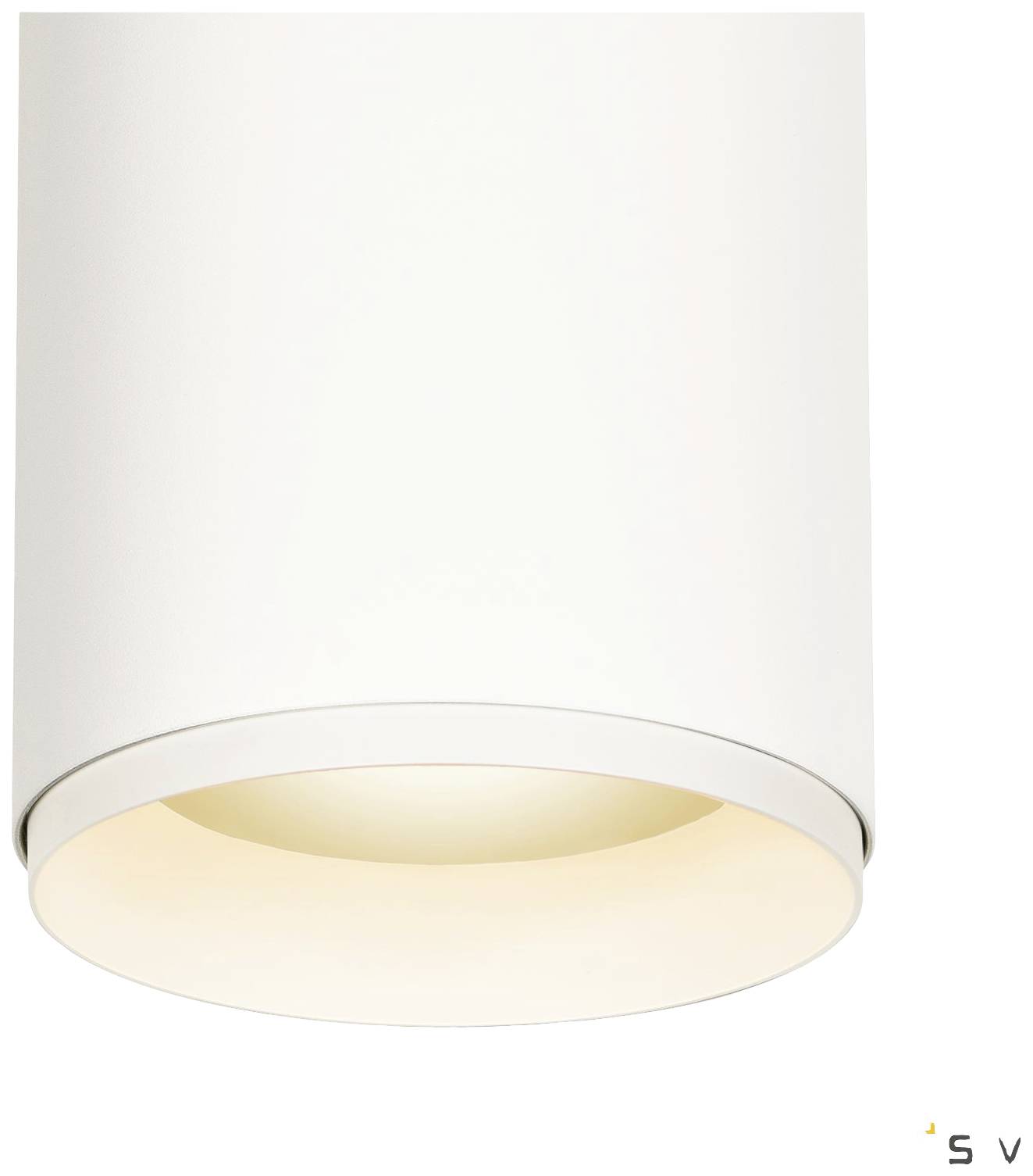 Biała, cylindryczna lampa sufitowa z ciepłym światłem skierowanym w dół. Minimalistyczny design, idealny do nowoczesnych wnętrz.