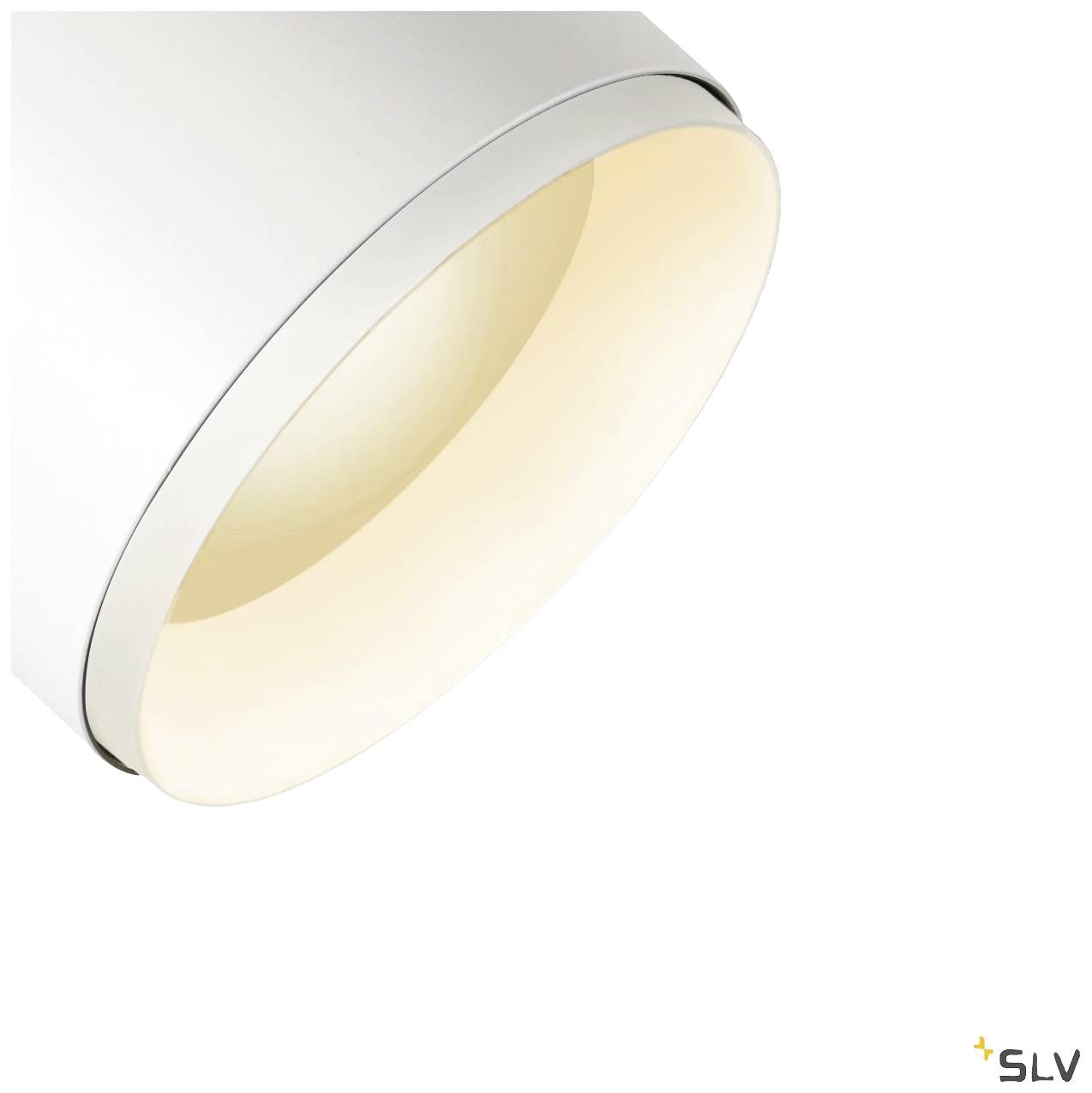 Biała cylindryczna lampa sufitowa marki SLV o ciepłej, białej barwie światła, lekko skierowana w dół.