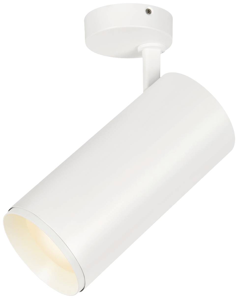 Biała, cylindryczna lampa sufitowa w nowoczesnym stylu, zamontowana obrotowo.