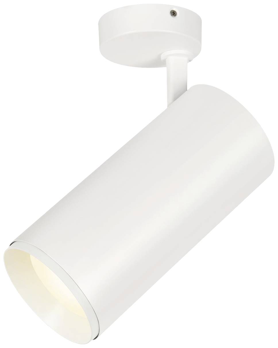 Biała cylindryczna lampa sufitowa z regulowanym reflektorem. Idealna do kierunkowego oświetlenia w nowoczesnych wnętrzach.