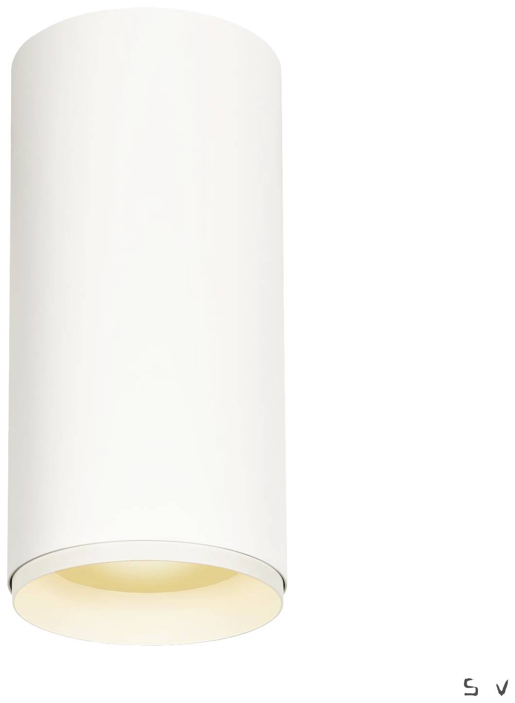 Cylindryczna, biała lampa sufitowa o prostym designie, rozświetlająca przestrzeń światłem skierowanym w dół.