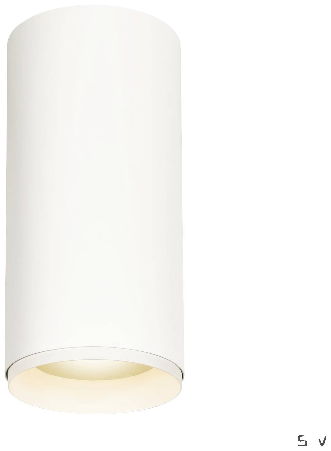 Cylindryczna, biała lampa sufitowa z ciepłym strumieniem światła skierowanym w dół.