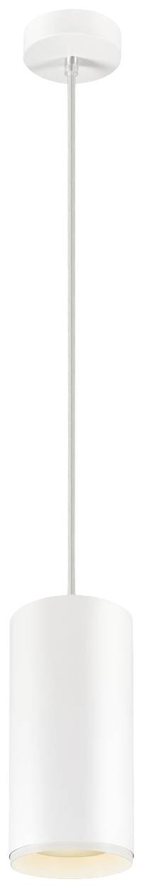 Biała, cylindryczna lampa wisząca o minimalistycznym designie, zawieszona przy suficie; idealna do nowoczesnych przestrzeni mieszkalnych lub biurowych.