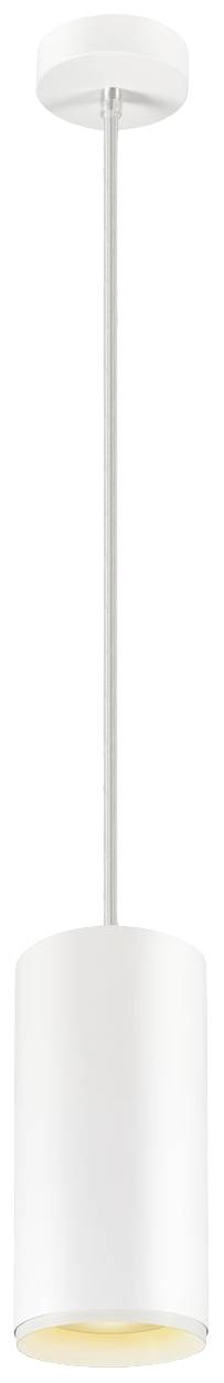 Biała cylindryczna lampa wisząca z widocznym przewodem, zawieszona przy suficie.