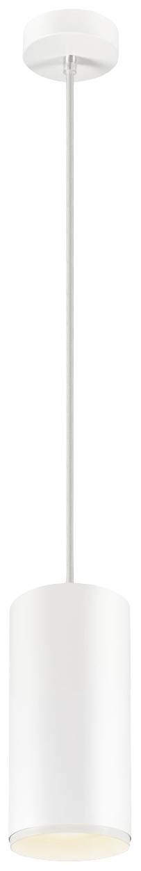 Biała, cylindryczna lampa wisząca o gładkiej powierzchni, zawieszona pod sufitem. Minimalistyczny design, idealnie sprawdzająca się w nowoczesnym wnętrzu.