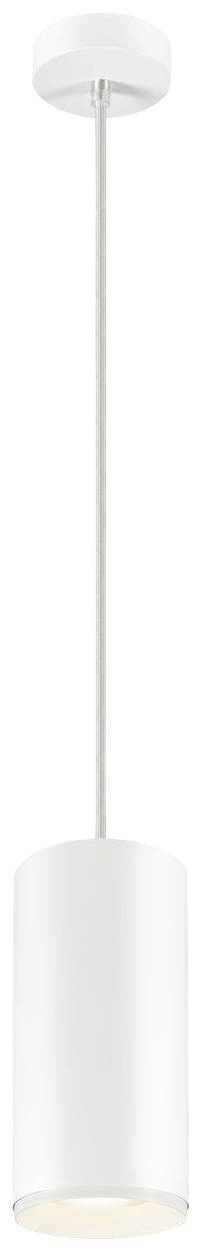 Biała lampa wisząca z cylindrycznym kloszem, zwisająca na długim, cienkim przewodzie sufitowym. Minimalistyczny design.