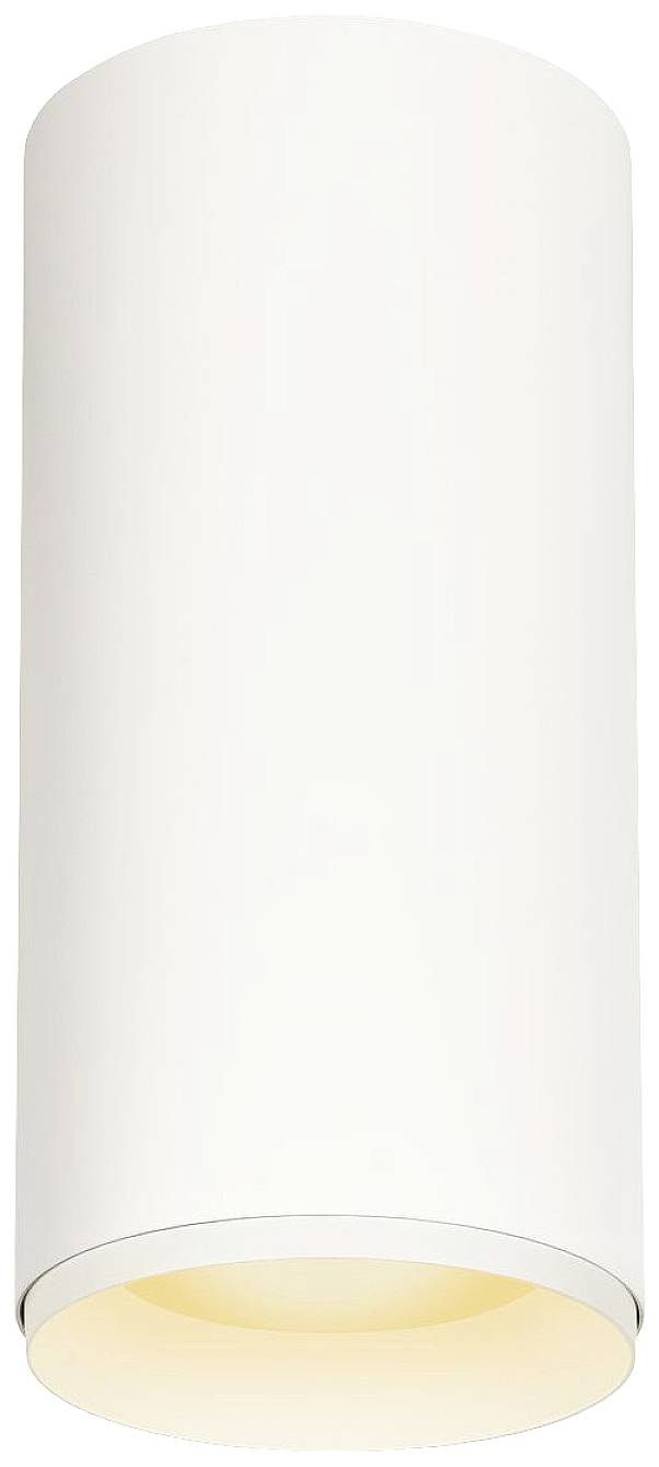 Cylindryczna, biała lampa sufitowa o ciepłym świetle.