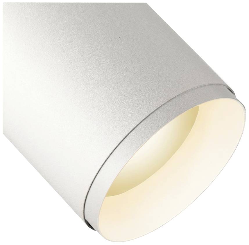 Biały, cylindryczny plafon sufitowy z łagodnym, ciepłym światłem skierowanym w dół. Idealny do nowoczesnego oświetlenia wnętrz.