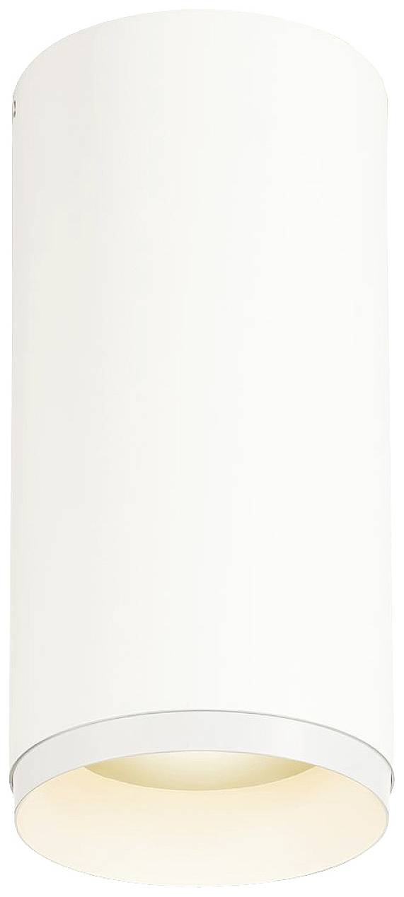 Biała, cylindryczna lampa sufitowa z otwartym spodem, rozpraszająca miękkie światło. Idealna do nowoczesnych wnętrz.