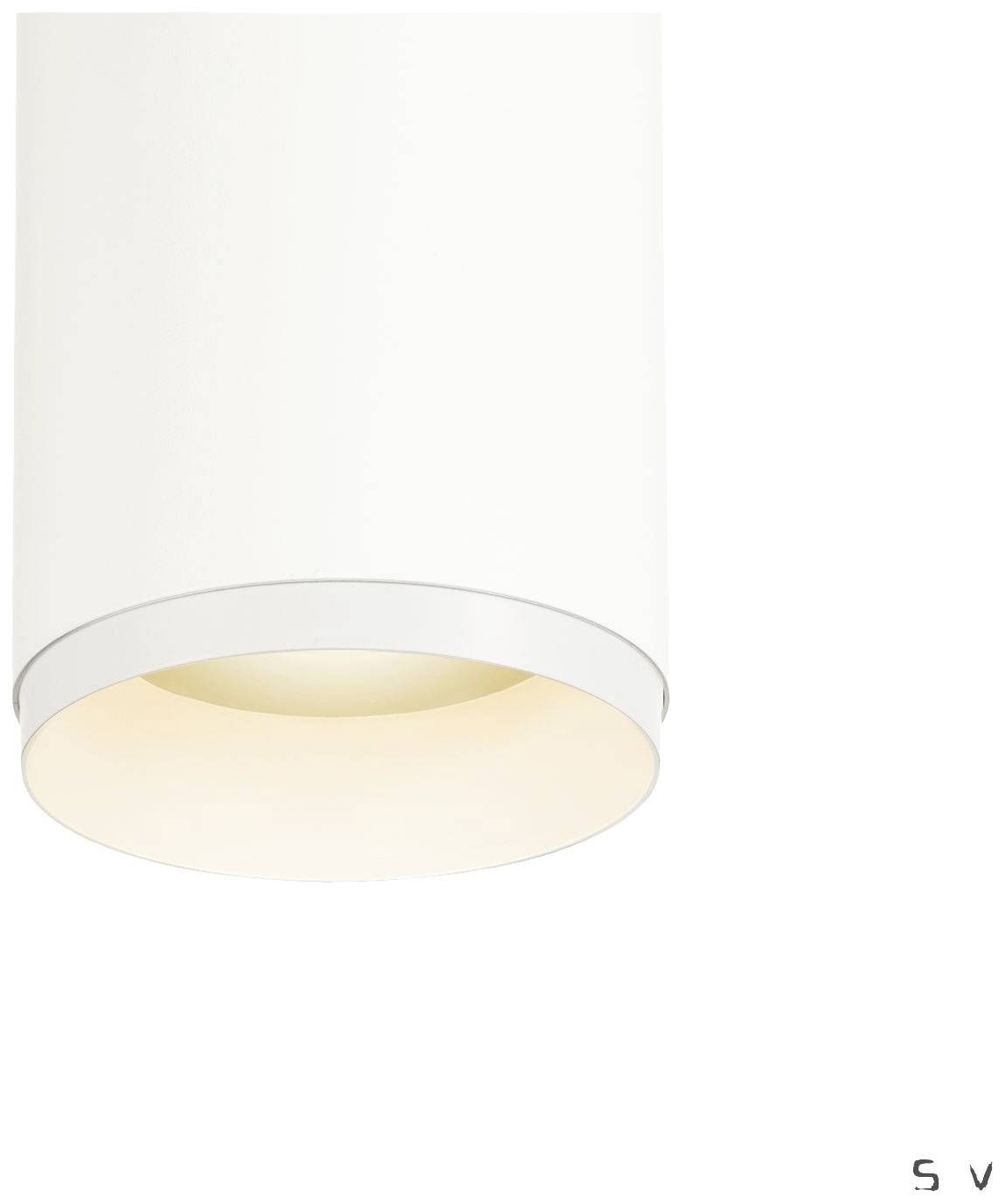 Biała, cylindryczna lampa wisząca świeci ciepłym światłem.