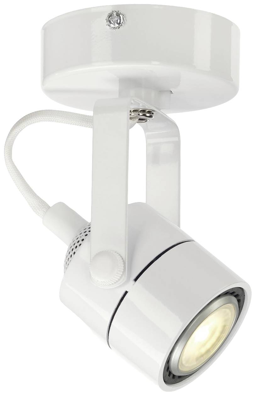 Biała lampa sufitowa z obrotowym reflektorem punktowym, minimalistyczny design, przeznaczona do precyzyjnego oświetlenia wnętrz.