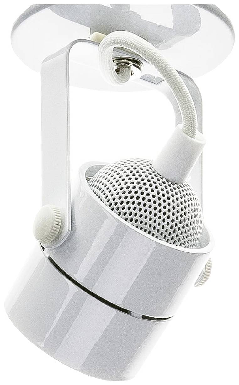 Biały plafon sufitowy z okrągłą, perforowaną konstrukcją jest zamocowany na wsporniku.