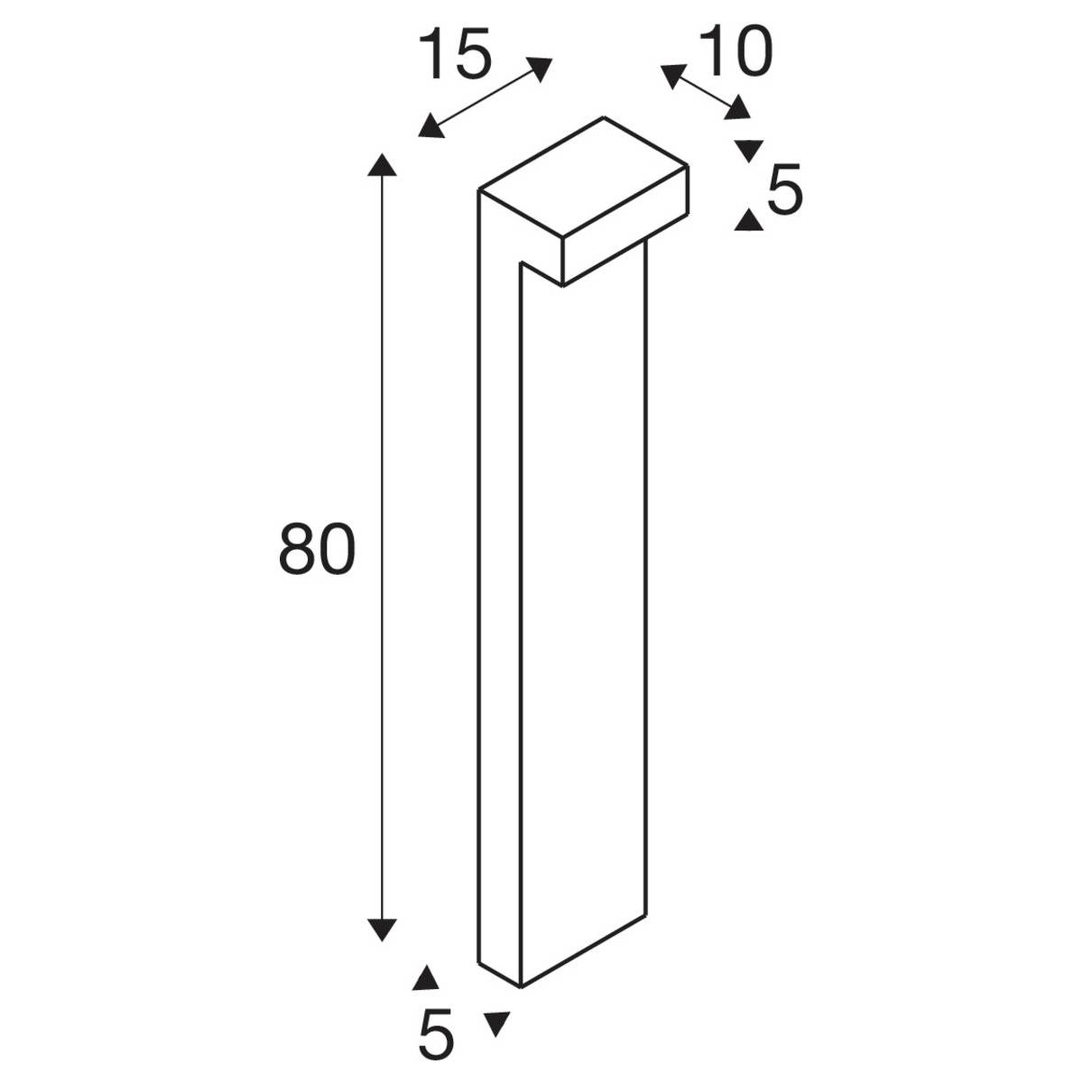 Rysunek techniczny prostokątnego uchwytu metalowego o wymiarach: wysokość 80 mm, szerokość 15 mm, głębokość 10 mm.