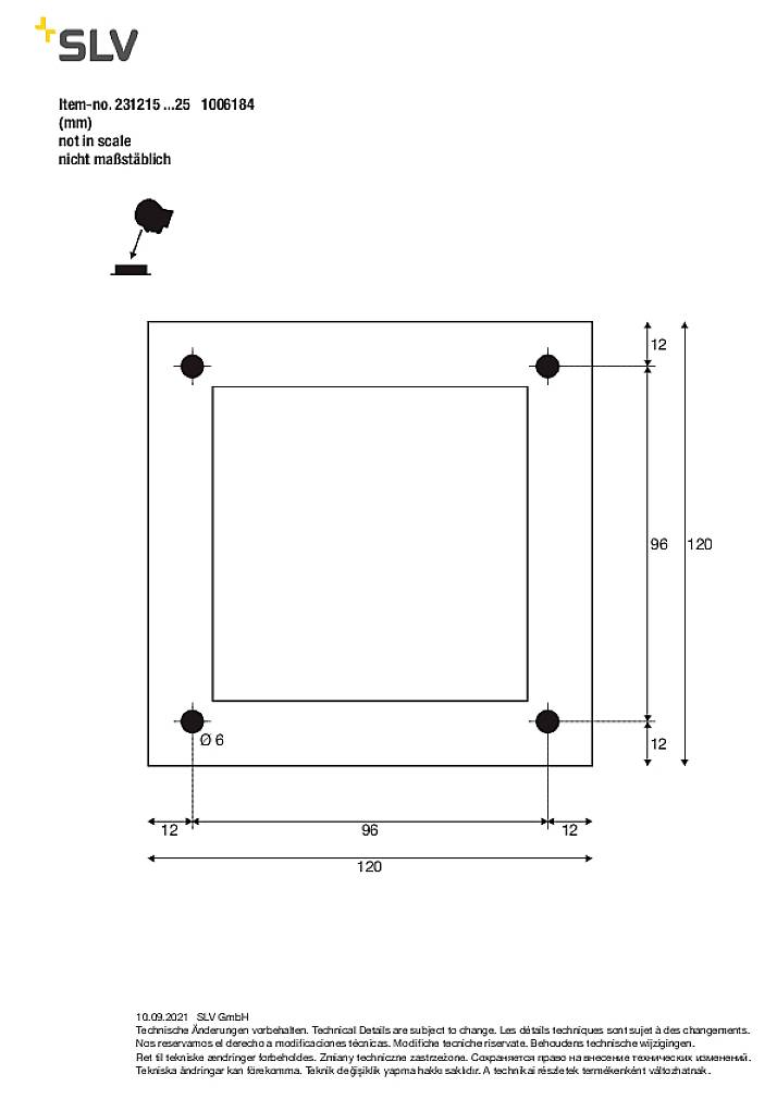 Rysunek techniczny kwadratowej jednostki oświetleniowej z wymiarami w milimetrach, bez skali, z szczegółami montażowymi.