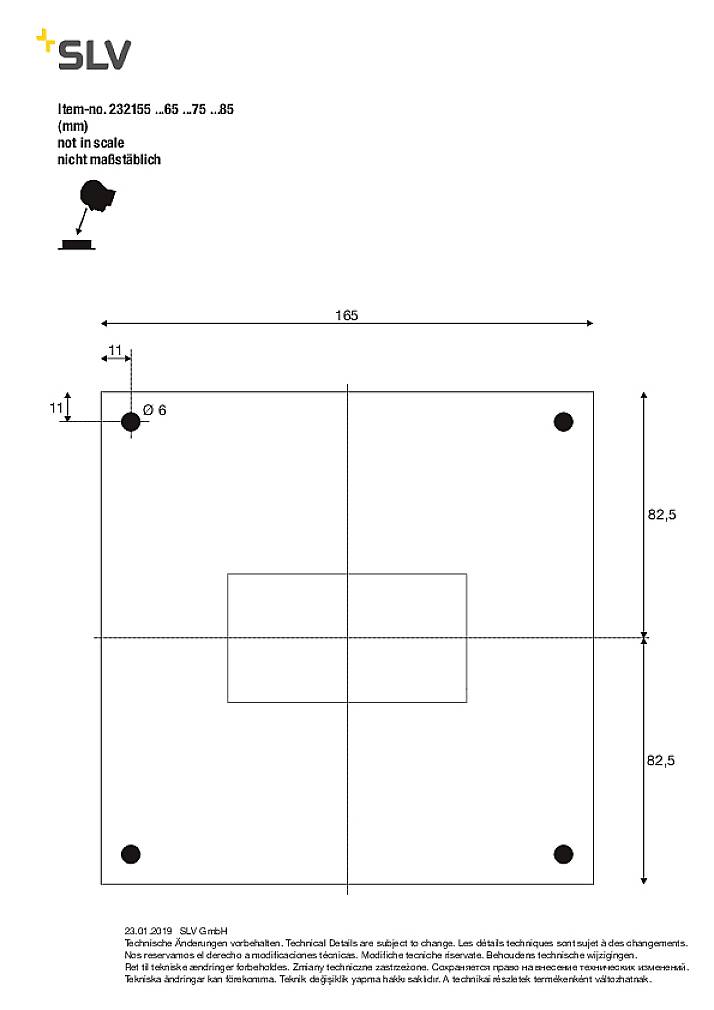 'Rysunek techniczny lampy z wymiarami: 165 mm szerokości, 82,5 mm wysokości. Cztery punkty mocowania i prostokąt w centrum.'