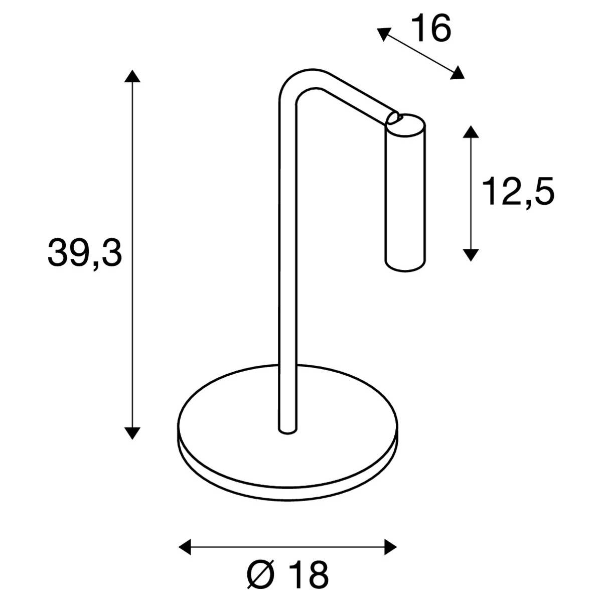 'Lampa stołowa wymiary: wysokość 39,3 cm, średnica podstawy 18 cm, moduł lampy 12,5 cm wysoki, wystaje ponad podstawę o 16 cm.'