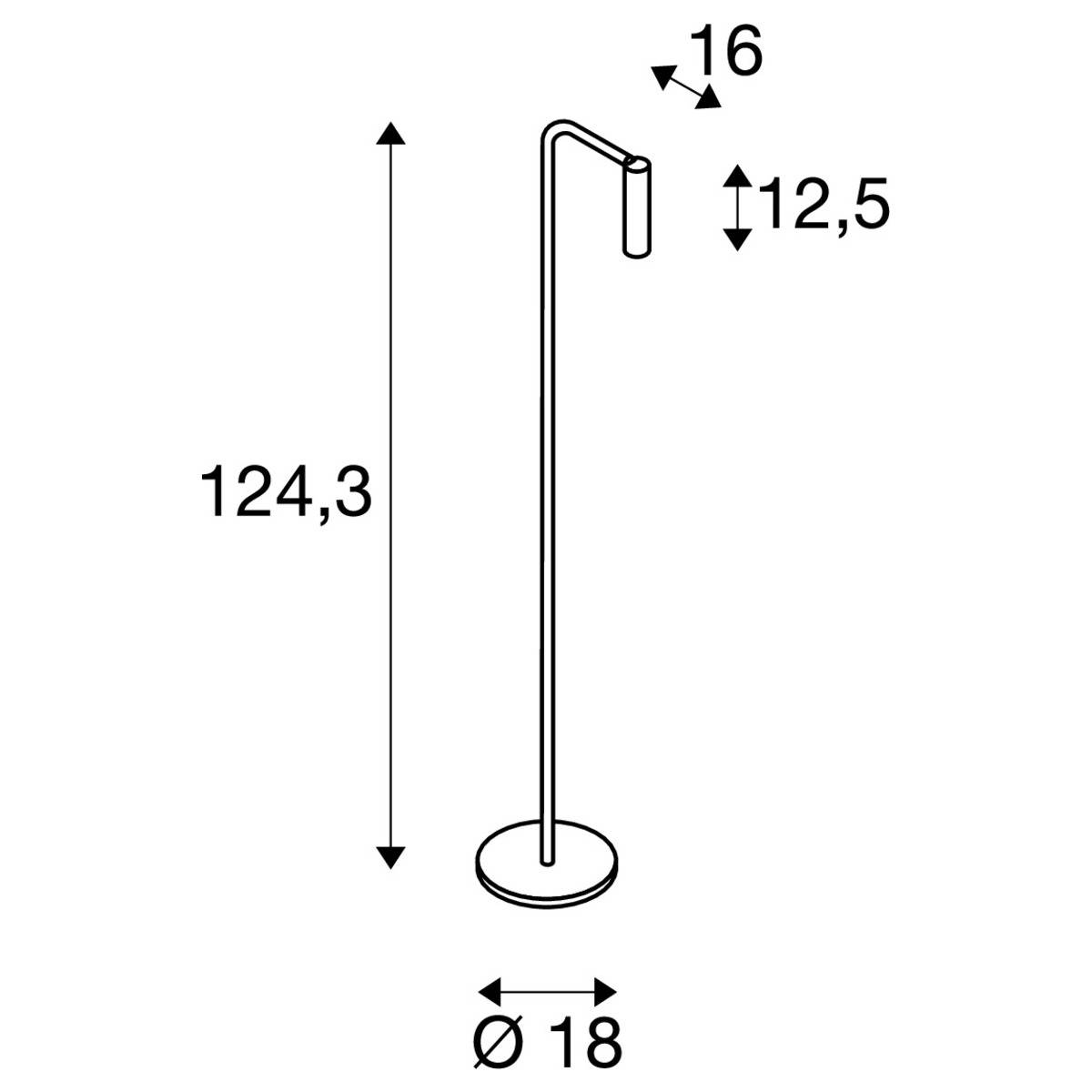 Lampa stojąca o wysokości 124,3 cm, średnicy podstawy 18 cm. Głowica ma 16 cm wysokości i 12,5 cm długości.