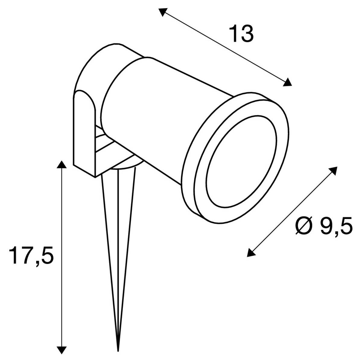 'Rysunek techniczny lampy ogrodowej z grotem montażowym. Wymiary: długość 13 cm, średnica 9,5 cm, wysokość wraz z grotem 17,5 cm.'