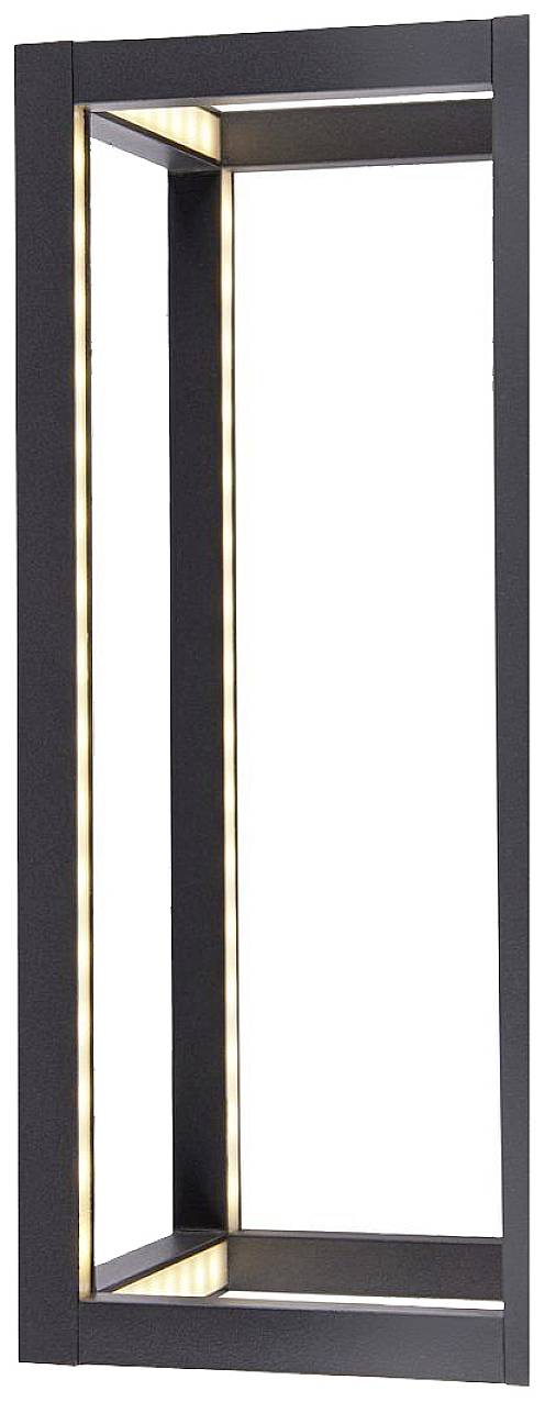 Czarna, prostokątna lampa ścienna z wbudowanymi diodami LED, świecąca w pionie. Nowoczesny design, odpowiednia do stosowania wewnątrz lub na zewnątrz budynku.