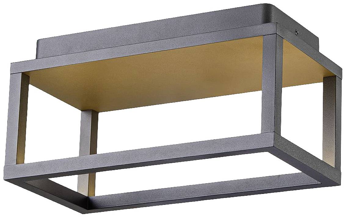 Prostokątna lampa sufitowa z czarną ramą i złotym wnętrzem, o nowoczesnym i minimalistycznym designie.