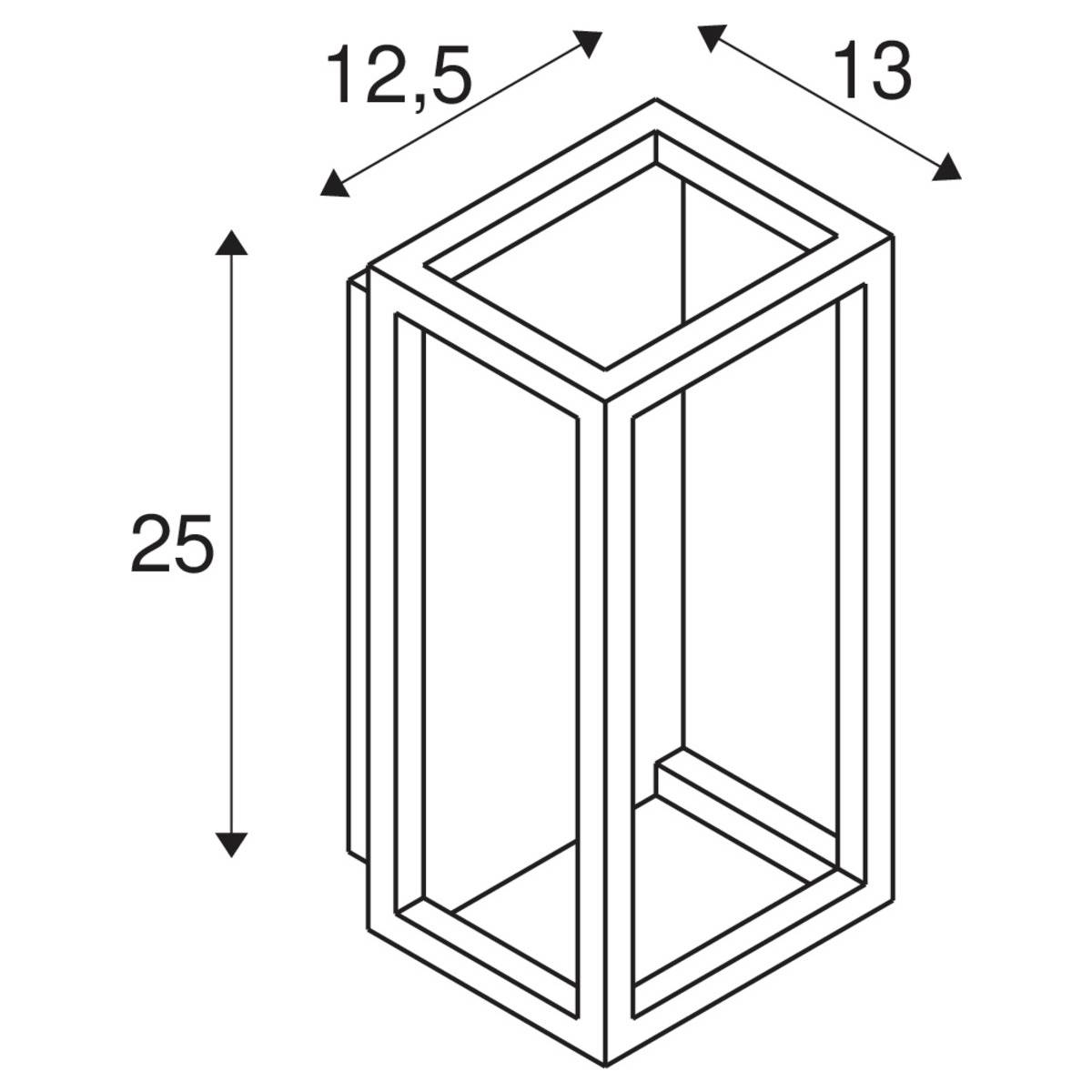 Rysunek izometryczny prostokątnej ramy; wymiary: wysokość 25, szerokość 13, głębokość 12,5.