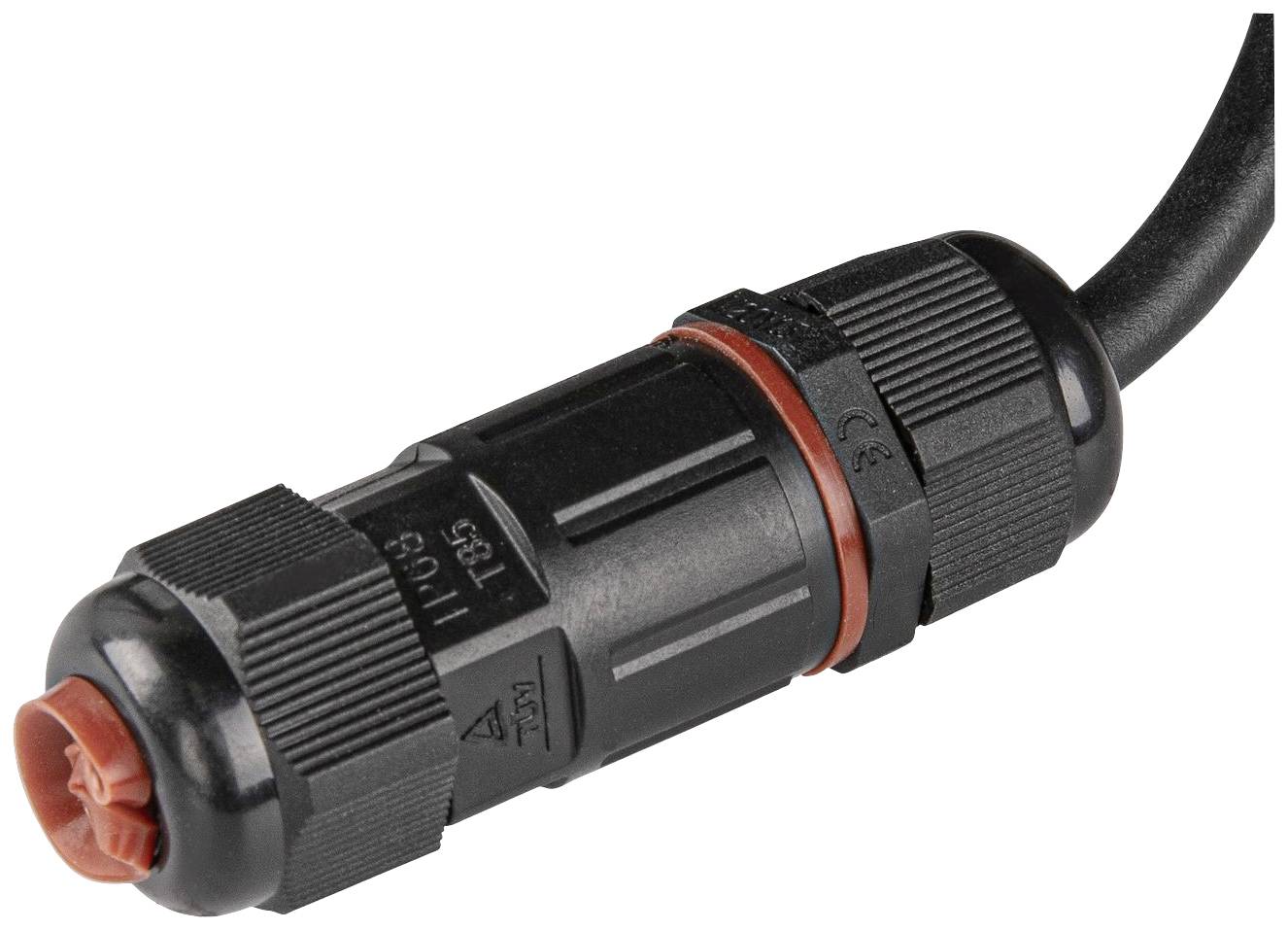 Czarny, odporny na warunki atmosferyczne złącze wtykowe z czerwonym pierścieniem uszczelniającym, podłączone do przewodu. Odpowiedni do połączeń elektrycznych na wolnym powietrzu.