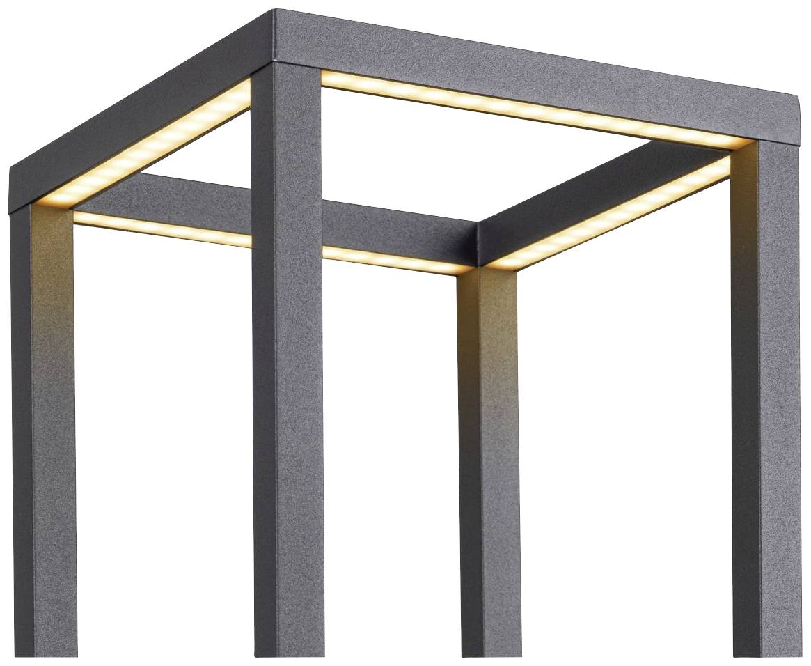 Czarna, kwadratowa lampa z paskami LED wzdłuż wewnętrznych krawędzi górnej ramy. Nowoczesny design.