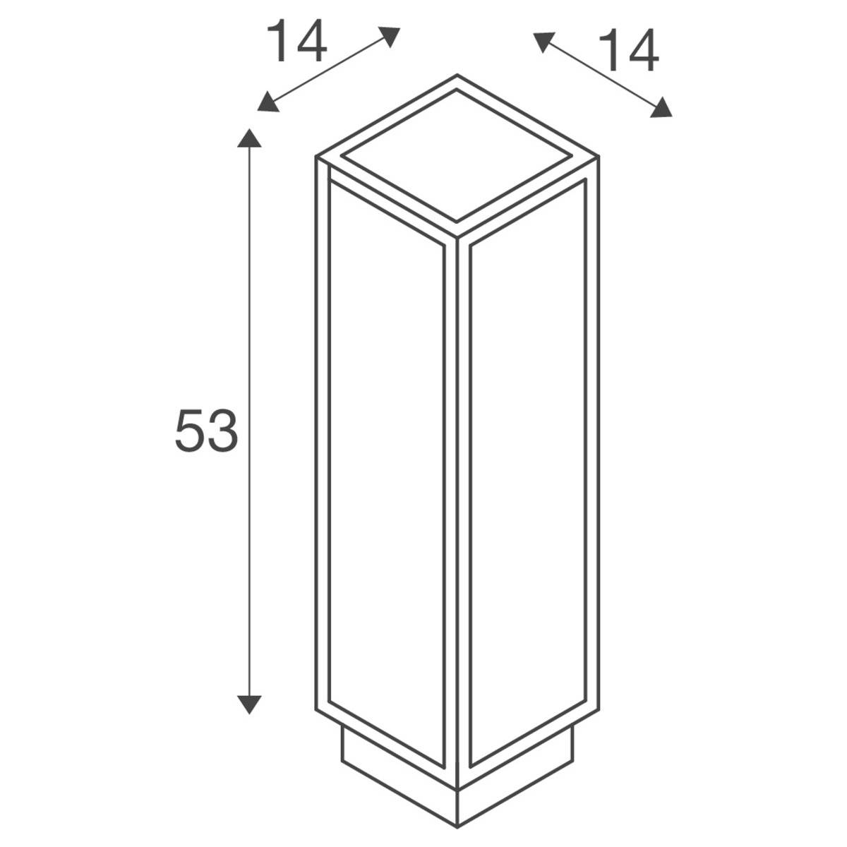 Schematyczny rysunek prostokątnego graniastosłupa o wymiarach: wysokość 53, szerokość 14, głębokość 14. Wymiary są oznaczone strzałkami.