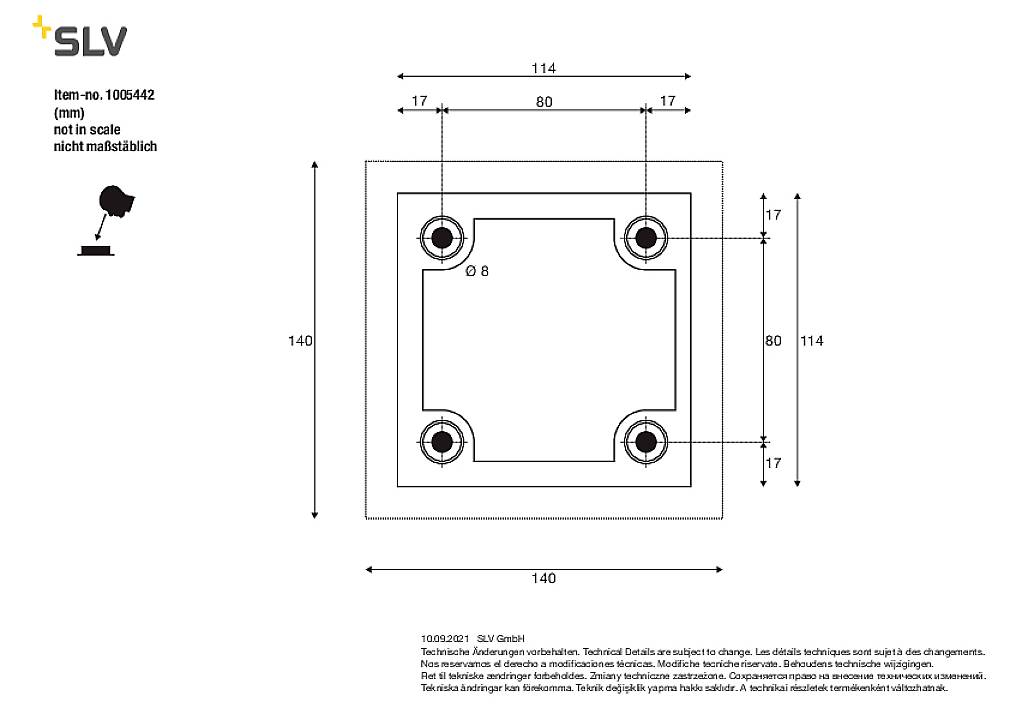 'Rysunek techniczny uchwytu płyty kwadratowej z wymiarami i otworami na śruby. Wymiary w mm, rysunek bez zachowania skali.'