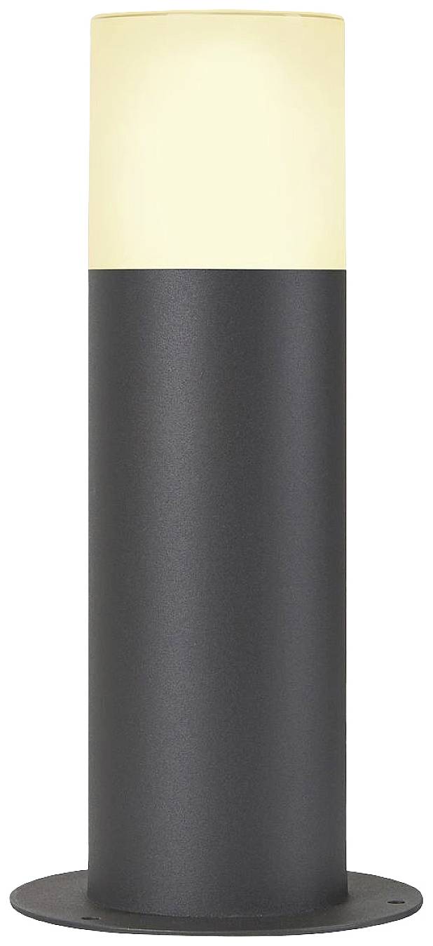 Czarny, cylindryczny słup oświetleniowy z jasną, oświetloną górną sekcją. Idealny do oświetlenia ogrodu lub ścieżki.