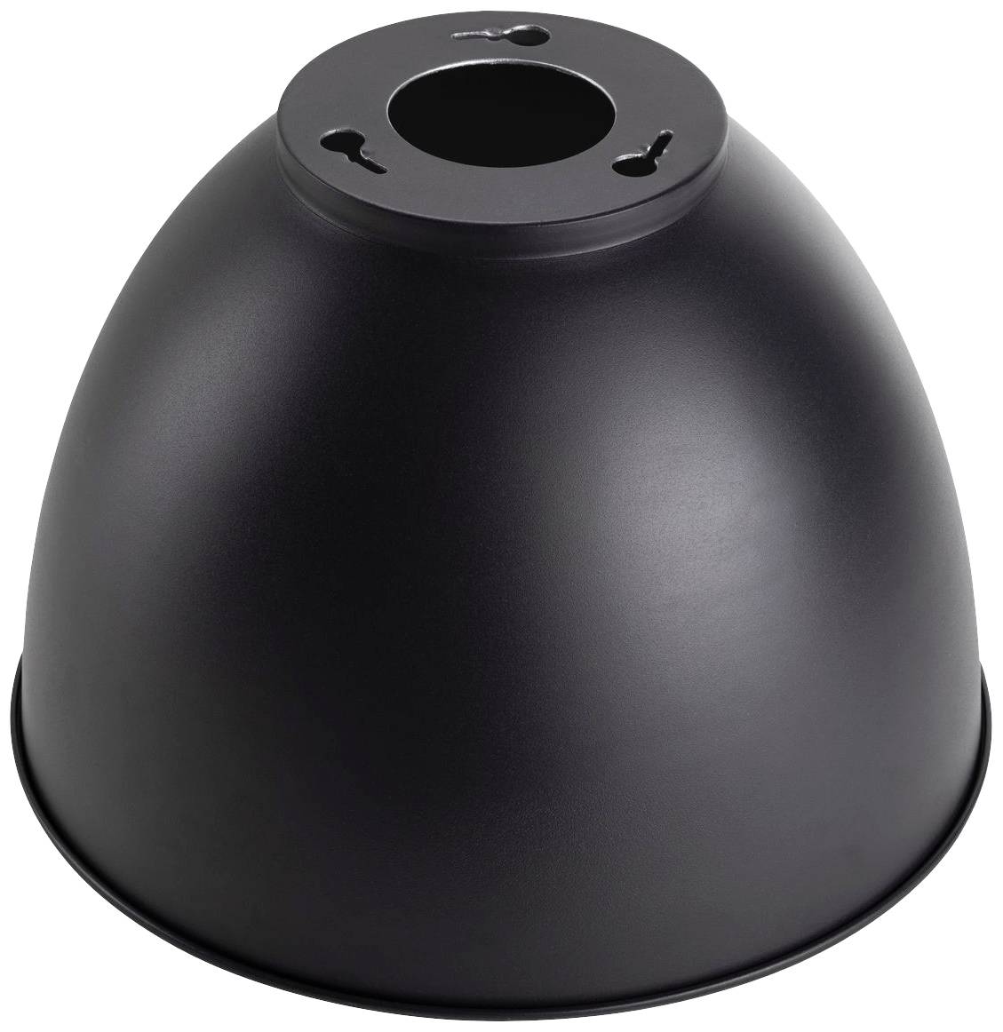 Czarny, kopulasty abażur metalowy z centralnym otworem do zamocowania przy oprawce lampy.