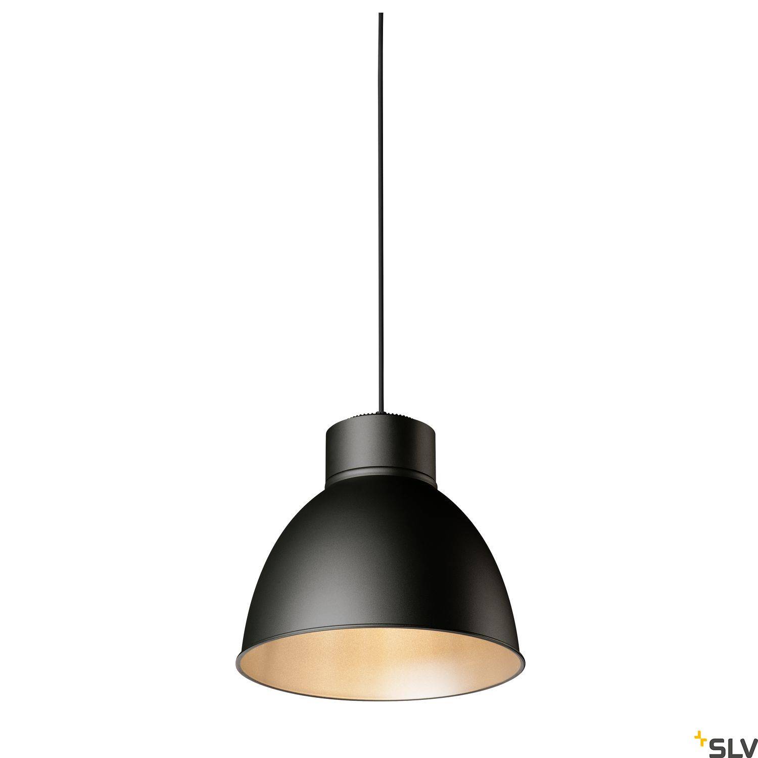 Czarna, wisząca lampa sufitowa o okrągłym kształcie z otworem skierowanym w dół, idealna do nowoczesnych wnętrz.