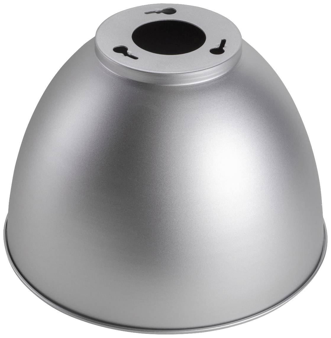 Srebrny metalowy abażur w kształcie kopuły, z trzema nacięciami na górnej powierzchni do mocowania.