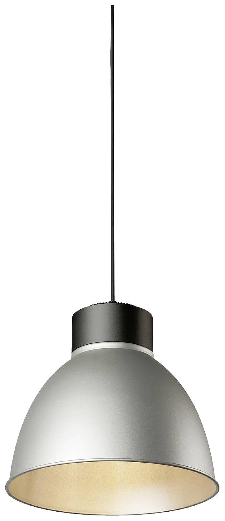 Nowoczesna lampa wisząca z metalowym, srebrnym kloszem, która rozprządza ciepłe światło. Zawieszona na cienkim przewodzie.