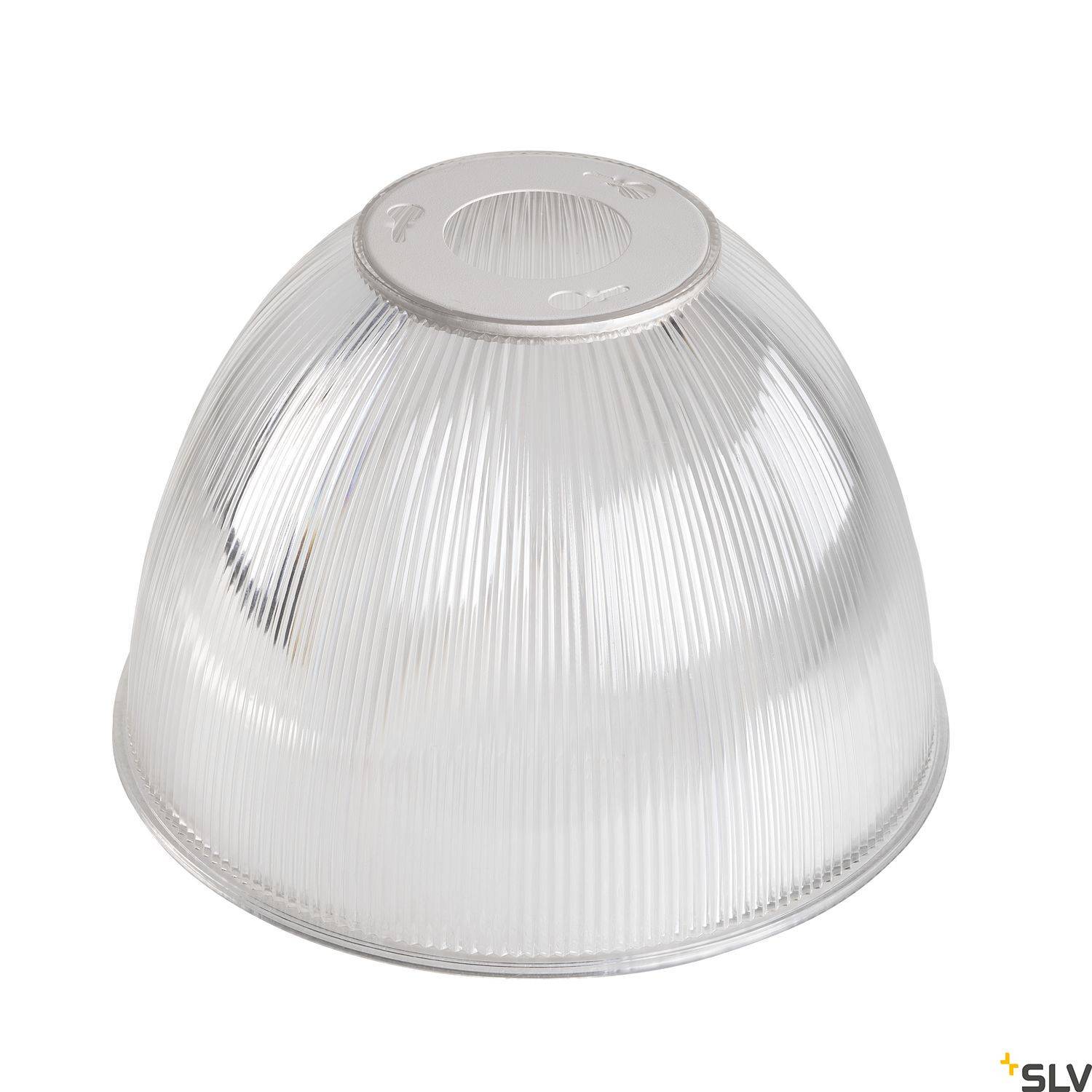 Przezroczysta, prążkowana szklana kopuła klosza, która służy do delikatnego rozpraszania światła lamp sufitowych.